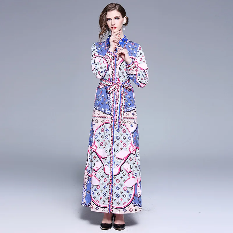 

Women Dress Summer Party Maxi Dress Print Vintage Office Ladies Fashion Long Sleeve Elegant Single Breasted Bow Sashes Dress