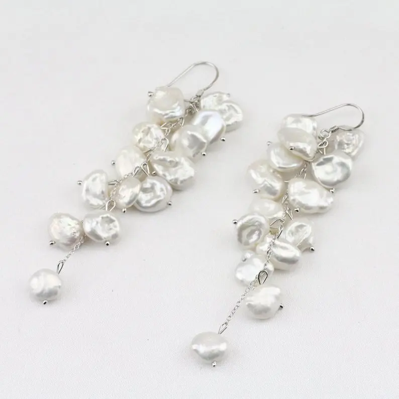 

Unique Pearls jewellery Store ,White Long Cluster Biwa Keshi Baroque Pearl Earrings,Handmade Jewelry,Perfect Girl Gift Earring