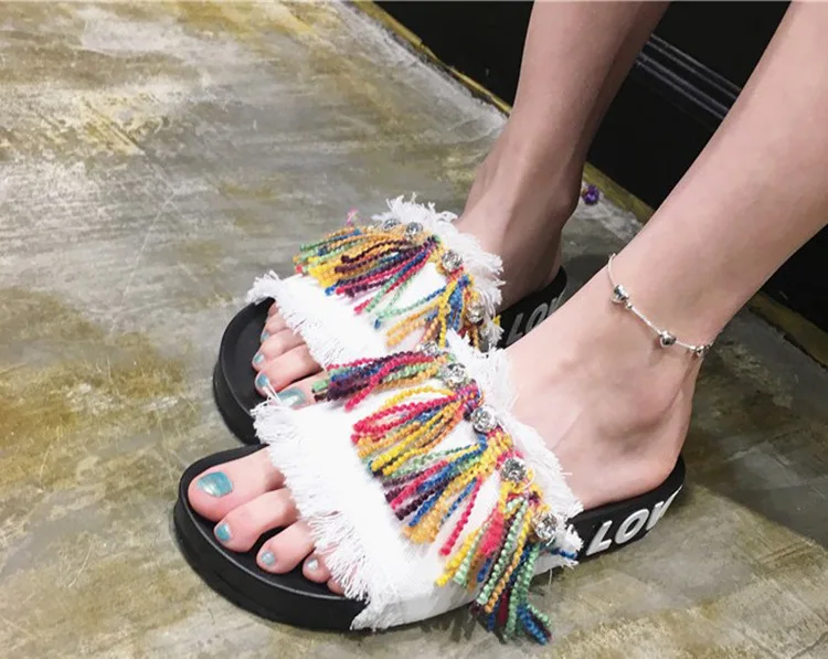 New Summer Colorful Fringed Leather Flat Heel Open Toe Slip Shoes Ladies Casual Slipper 2016 Woman Leisure Footwear Cheap46