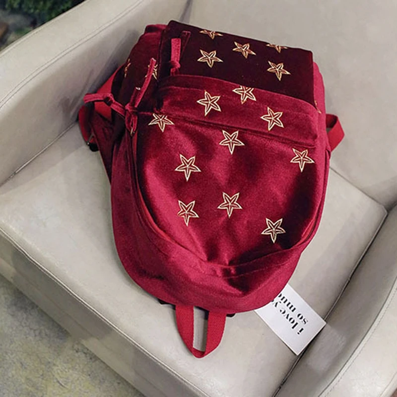 

Women Velvet Star Embroidery Backpack Girls School Shoulder Bag Travel Rucksack