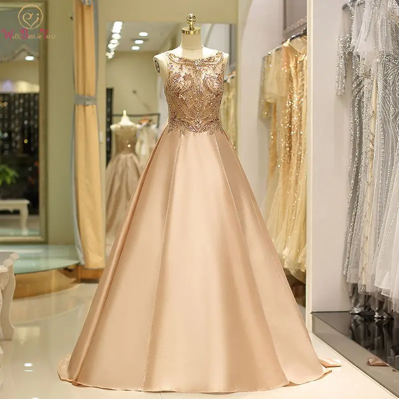 

High Quality Real Photos Elegant Scoop Neck Evening Dress Luxurious Beaded Crystal Women Vintage Sleeveless A Line Formal Gowns