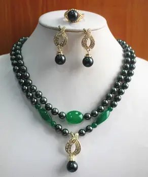 

New Fashion 8mm 2 Rows Black Shell Pearl Necklace Earring Ring Jewelry Set