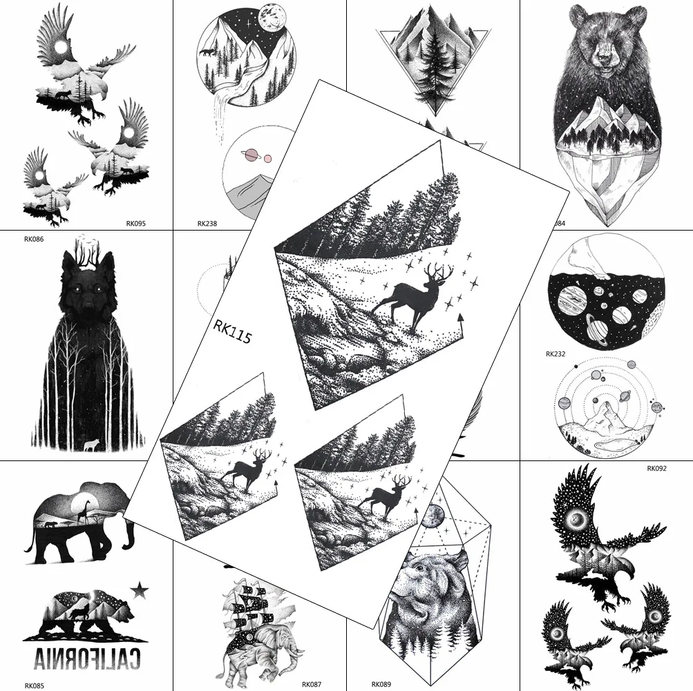 

Geometric Elk Forest Temporary Tattoos Sheets Sticker Realistic Waterproof Black Animal Tattoo Body Art Arm Chest Tatoo For Men