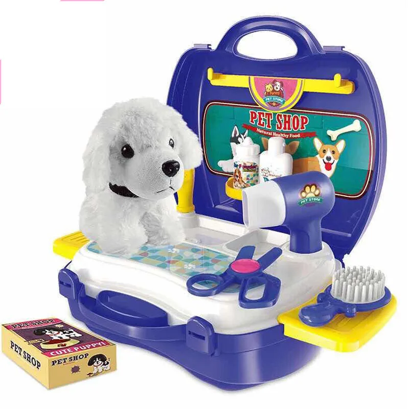 

Kids Pet Groomer Kits Educational Toys For Children 16pcs Dog Doll Pet Doctor Role Play Games Toys For Girls Pet Shop Suitcase