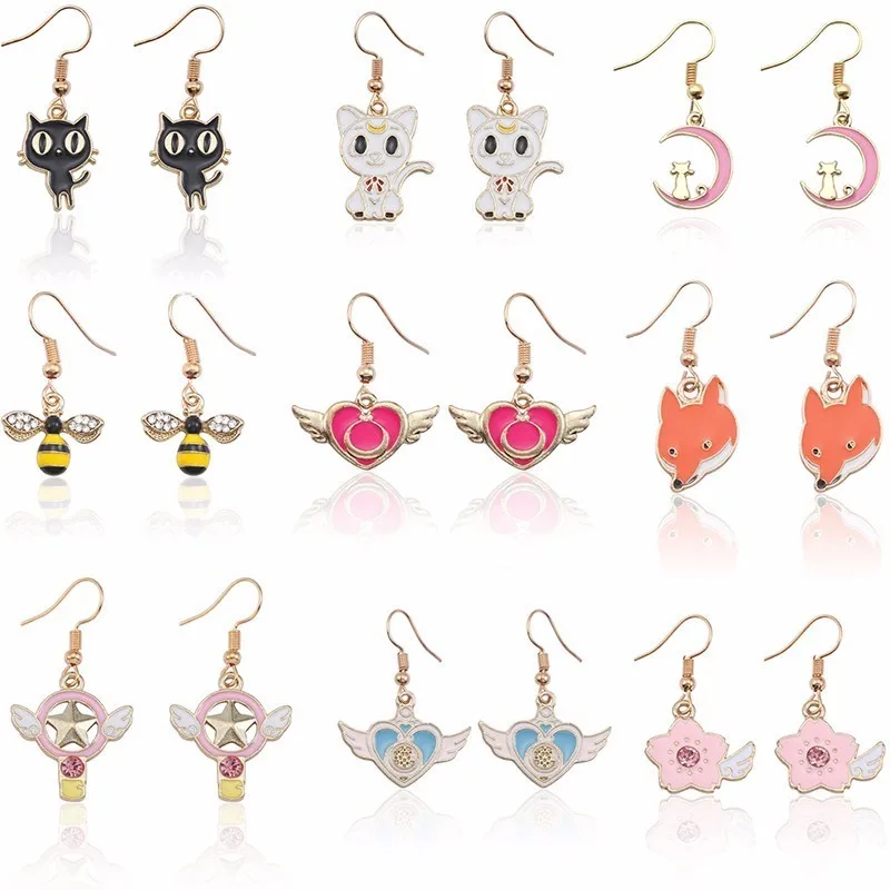 

Cute Anime Animal Earrings Diy Black White Cat Fox Bee Magic Sakura Earrings For Women Colorful Earing Christmas Child Jewelry