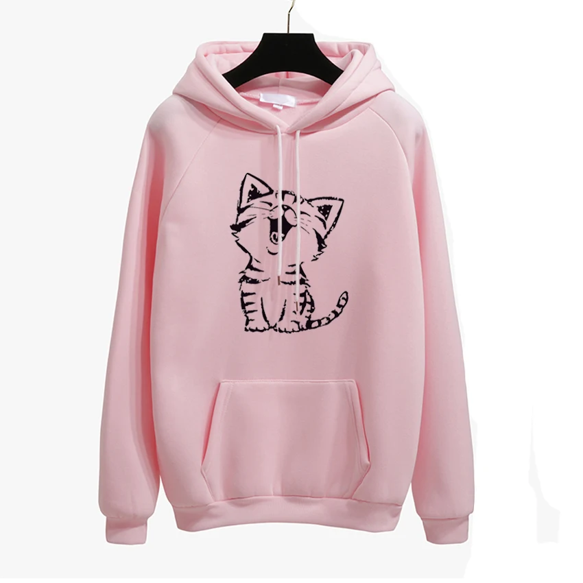  Autumn Winter Fashion Happy Cat Print Harajuku Yellow Pullover Thicken Loose Women Hoodies Sweatshi