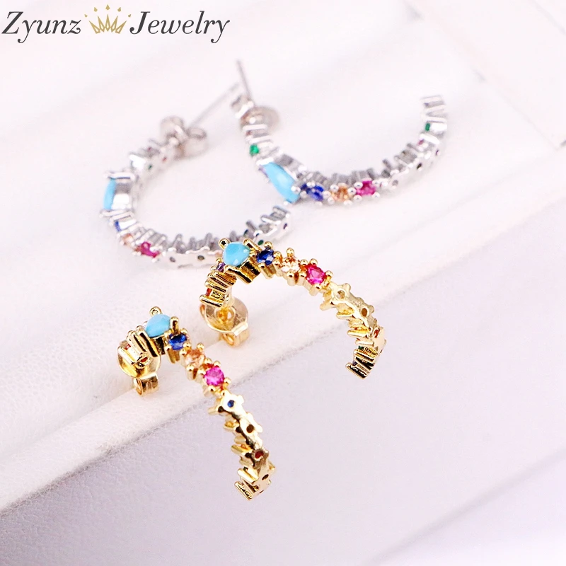 5 пар, 20 мм, новая шпилька микро проложить cz камень круг серьги с радугой CZ серебро/золотая серьга-гвоздик девушка серьги женские ювелирные изделия