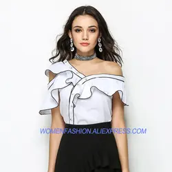 Новая мода 2018 дизайнер блузка Для женщин асимметричный блузка с оборками