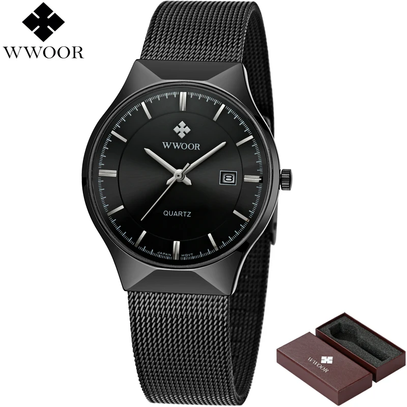 Мужские часы Топ бренд класса люкс WWOOR простой тонкий Дата кварцевые часы мужские наручные часы бизнес черный сетка мужские часы Relogio Masculino - Цвет: Черный