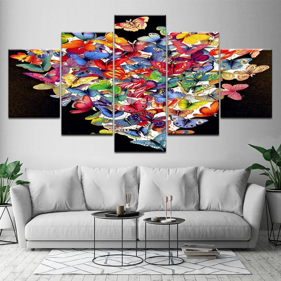 Printed Modern 5 Panel Butterfly Pictures Painting Wall Art Modular Poster 