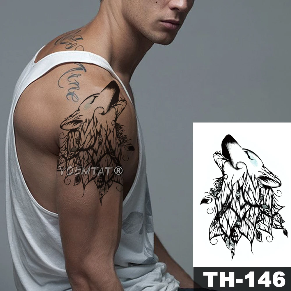 Водостойкая Временная тату наклейка линия минималистичный волк узор переводка