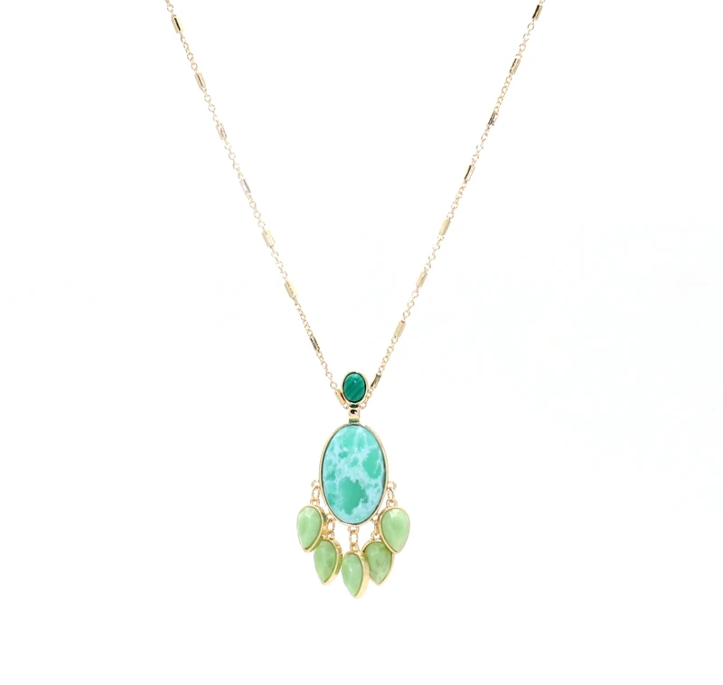 

New Fashion Fan-Shaped Green Mint Big Natural Stone Row Water drop Mint Tassel Necklace Pendant