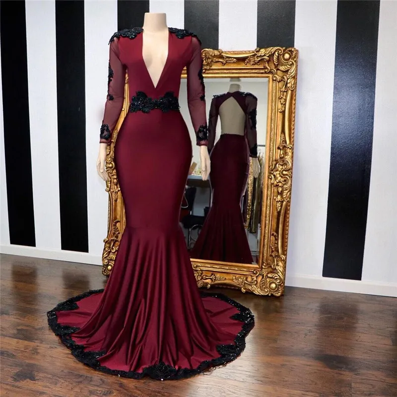 

Gorgeous Elastic Satin Burgundy Prom Dress 2019 Long Sleeve Mermaid Prom Gown With Black Applique Lace Africa Vestido De Festa