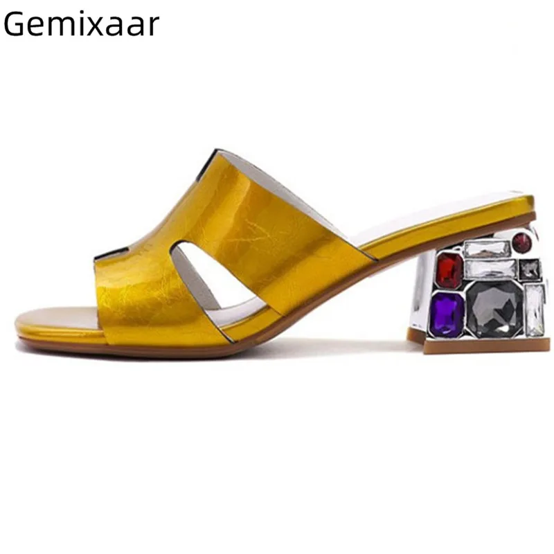 

Hoof Heel Slippers Shoes Women 2019 New Metal Colors Footwear Chunky Heel Decor Rhinestones Beach Slippers Size 34-42 Women