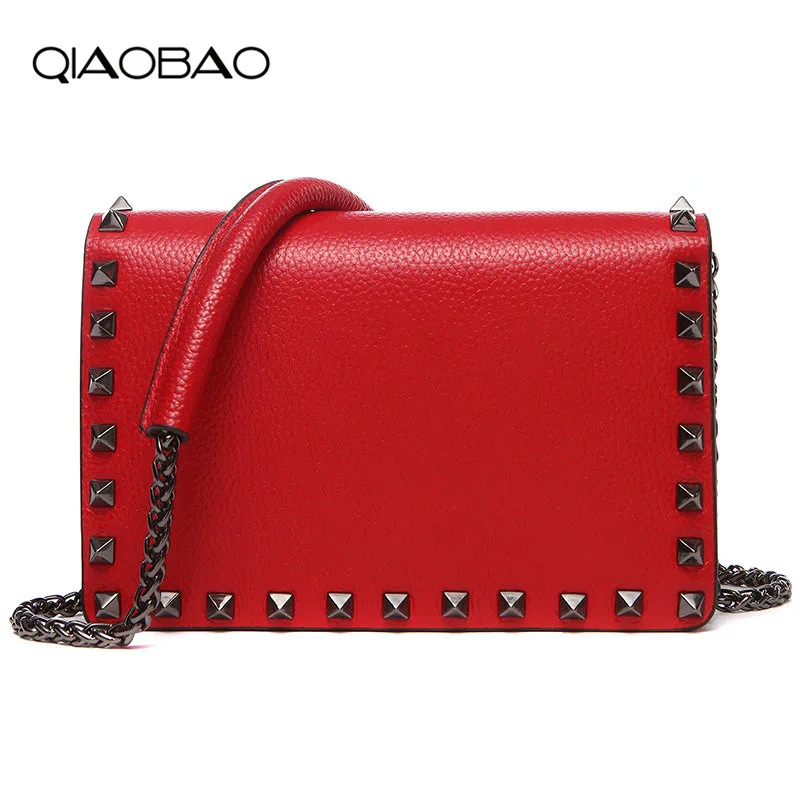 

QIAOBAO 2018 spring and summer new Style First layer genuine leather rivet handbags Cowhide shoulder bag chain bag Messenger bag