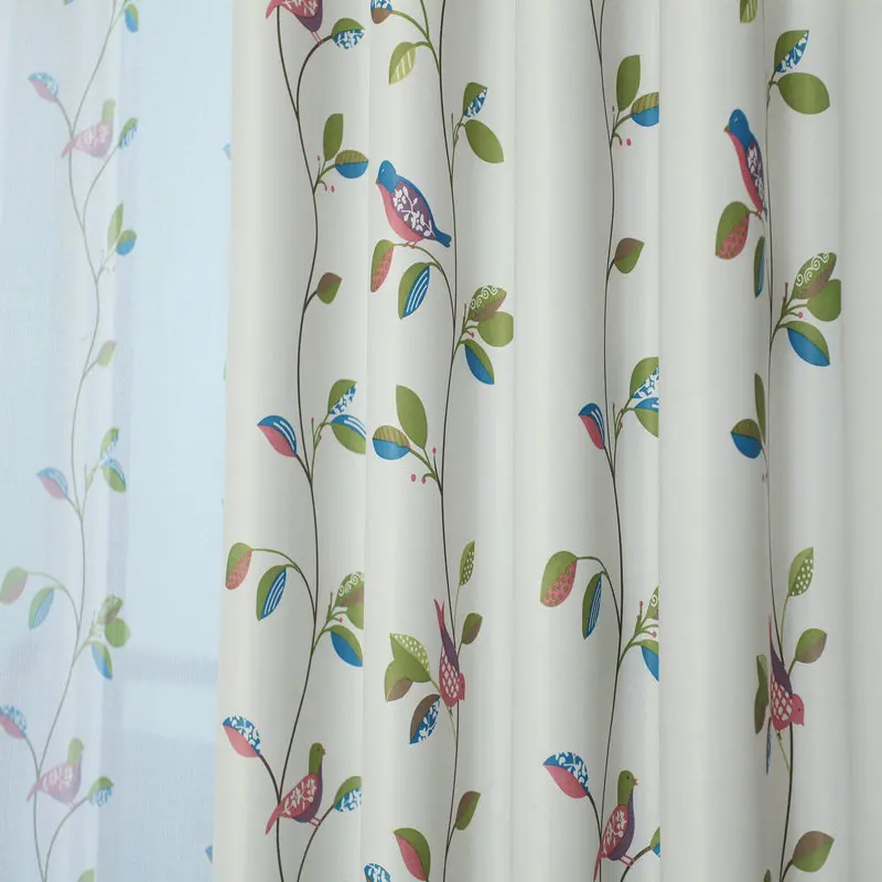 Blackout Curtains Birds Leaves Printed Window Drapes For Kids