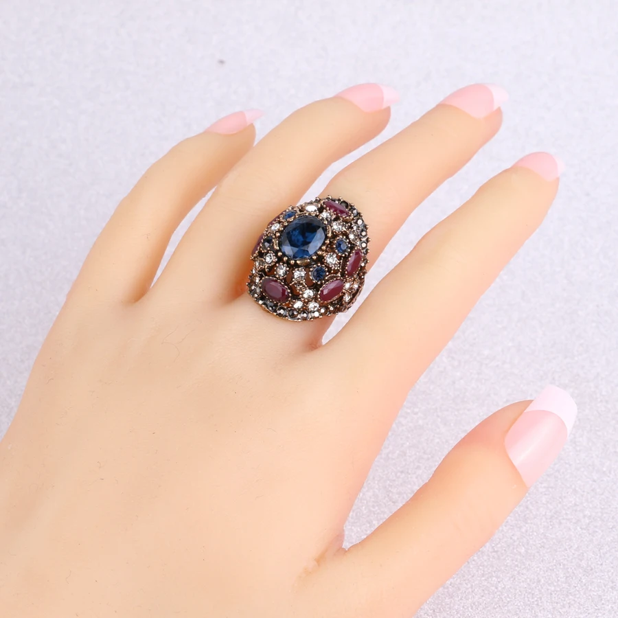 Crystal Rings Luxury Turkish Colorful Resin Ring Ancient Gold Vintage Wedding Rings For Women Crystal Accessories Gift
