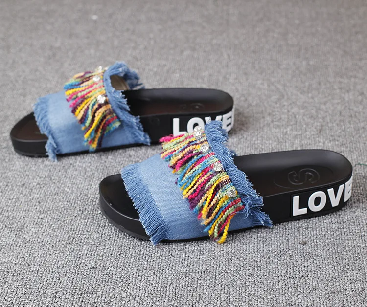 New Summer Colorful Fringed Leather Flat Heel Open Toe Slip Shoes Ladies Casual Slipper 2016 Woman Leisure Footwear Cheap57