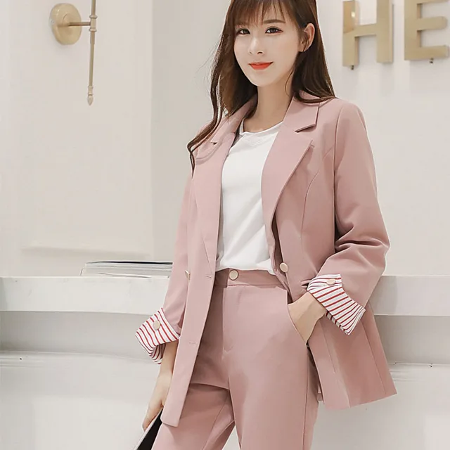 NEW Fall Winter Women 2 Piece Set Striped Blazer Roll Up Sleeve Jacket
