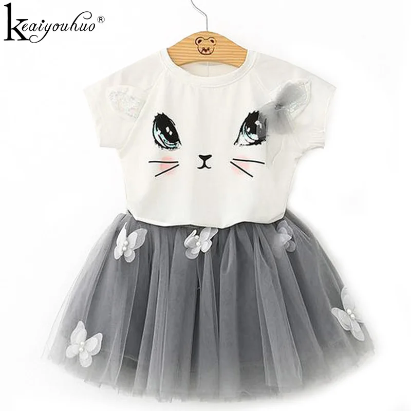 الصيف الفتيات الملابس مجموعات جديدة الأزياء نمط الكرتون القط المطبوعة تي شيرت + صافي الحجاب اللباس 2 قطع الفتيات الملابس مجموعات الاطفال زي