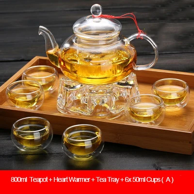 Элегантный стеклянный чайный сервиз из боросиликатного стекла, чайный горшок с чашками, бамбуковый чайный поднос, чайный сервиз, подогреватель, стеклянный чайный горшок, подарочный набор - Цвет: 800ml H 9in1