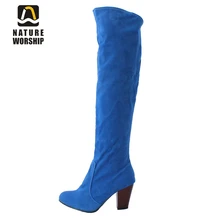 Модная зимняя женская обувь однотонные рыцарские сапоги на квадратном каблуке высокие сапоги выше колена из нубука с круглым носком без застежки размеры 34-43