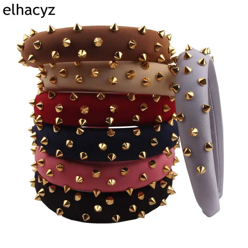 1PC 3CM Width Vintage Sponge Rivet Headbands Women Hair Accessories Solid Knitted Fabric Hairbands Side Wrapped Female Head Band