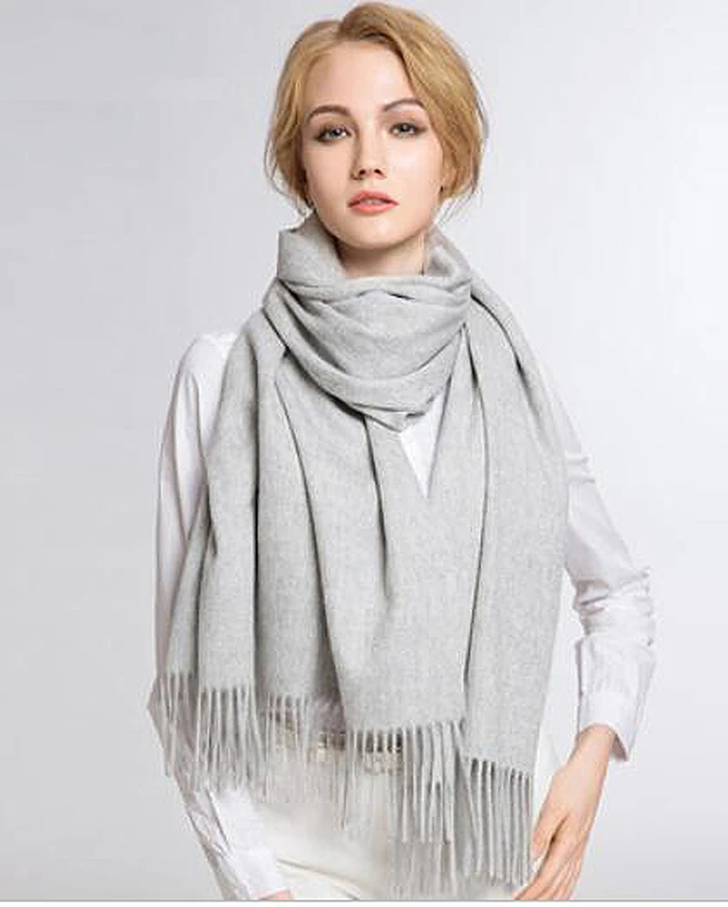 100Cashmere Scarf Women Light Gray Pashmina Thick Winter Solid Natural