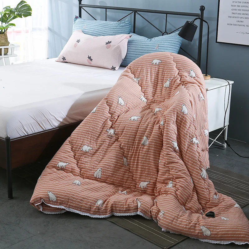 

Simple brief Stripe orange bear print winter duvet comforter quilt blankets 100% polyester Twin Queen King size
