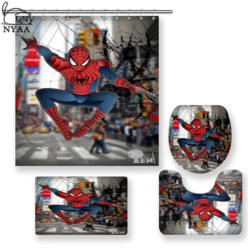 

NYAA 4 Pcs Spider-Man Shower Curtain Pedestal Rug Lid Toilet Cover Mat Bath Mat Set For Bathroom Decor