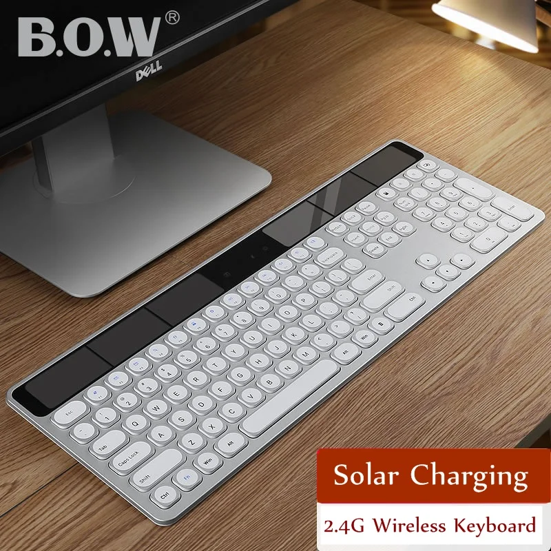 

B O W Ultra-Slim Solar Charging/Rechargeable 2.4G Wireless Notebook Desktop Computer Keyboard Concave and Silent Keys