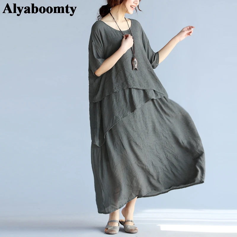 

Oversize Summer Women Maxi Long Dress Brief Plus Size Casual Loose Femme Clothes Vintage Elegant Cotton Linen Midi Ladies Dress