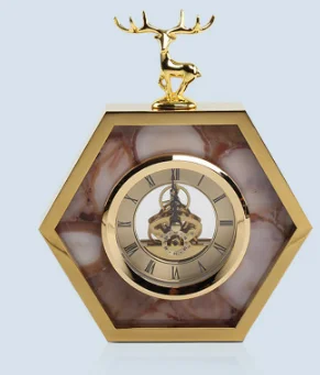 Современный Изысканный домашний стол часы с оленем высокого класса шестиугольник немой маятник спальня настольные часы декорирование бутика LF83 - Цвет: brown agatepattern