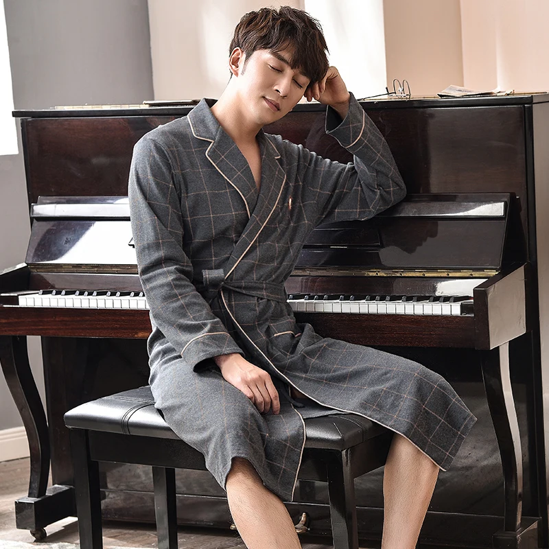 New Plus Size Bathrobe Male Plaid 100% Cotton Trendy Bath Robe Classy Kimono Men Kimono Hombre Good Quality Brand Yukata For Men