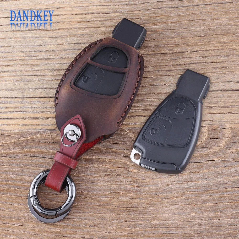 

Dandkey Leather Keychain 2 Buttons Key Case Shell For Mercedes Benz CLK SLK S A B C ClASS Car Key Case Key Shell