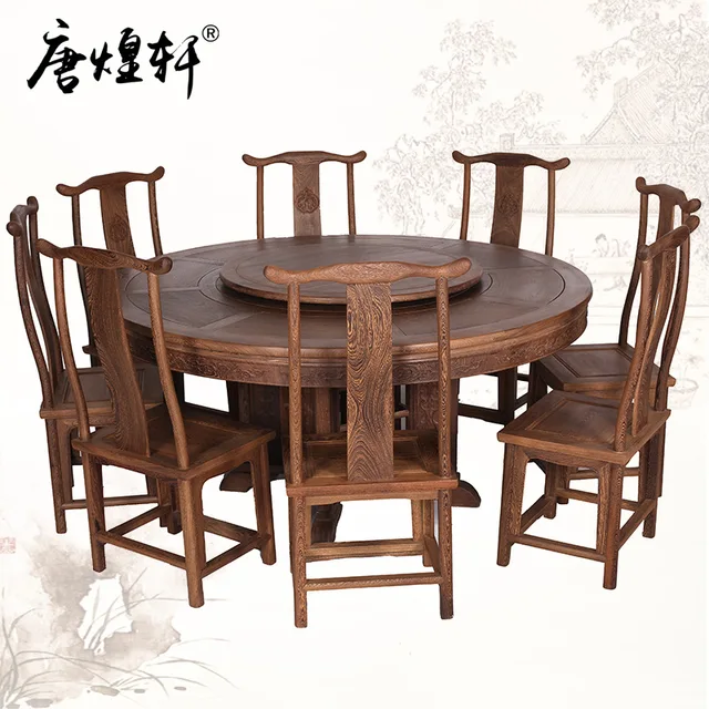 Mahogany Furniture Large Dinette Combination Of Wenge Wood Round Table With Chinese Turntable In Dining Chairs From