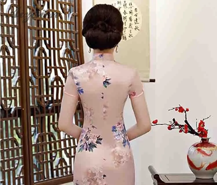 Новинка 2019 года атласное платье Cheongsam Длинные розовые Qipao Традиционный китайский платья для женщин Женская Роба в восточном стиле стиль