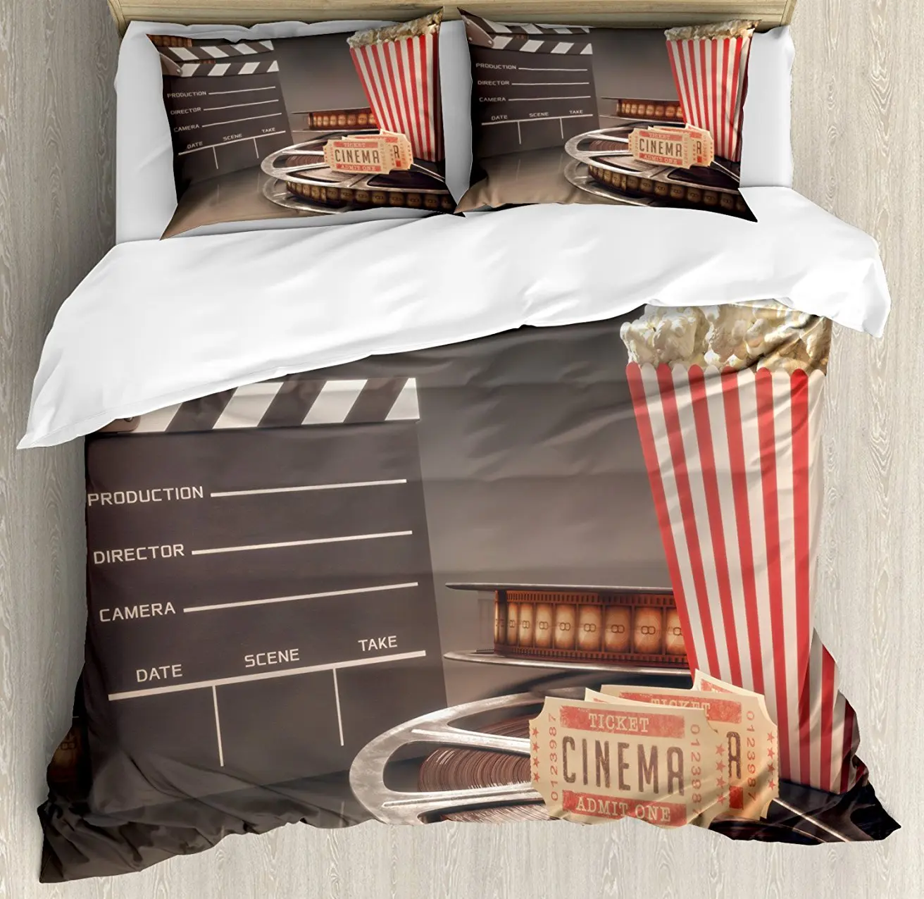 

Duvet Cover Set, Old Fashion Entertainment Objects Related to Cinema Film Reel Motion Picture, 4 Piece Bedding Set