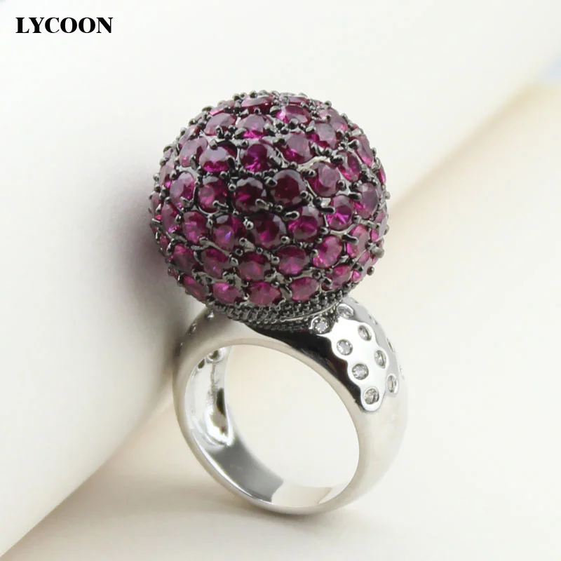 

Newest LYCOON elegant crystal ball rings silver plated luxury prong setting rose red/white/black Cubic Zirconia for women MJ2260