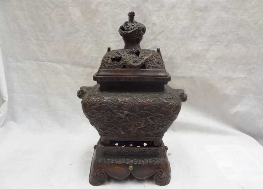 

song voge gem S5115 10" Tibet Bronze Buddhism FengShui Dragon Head Lion Statue Incense Burner Censer
