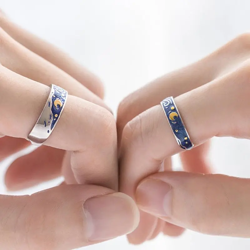 S925 silver plated Van Gogh Starry Sky Open Lover Rings Band Romantic Jewelry