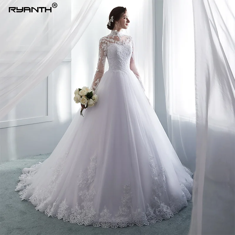 Ryanth Vestido De Noiva свадебное платье с высоким воротником и длинным рукавом кружевное бальное платье винтажное свадебное платье невесты Robe De Mariage