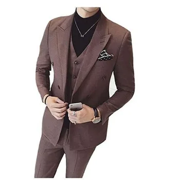 

(Jacket+Vest+Pants) Slim Fit Modern Mens Suits Set Latest Coat Pants Designs Solid 3 pieces brown Tuxedo Prom men Suit 2017