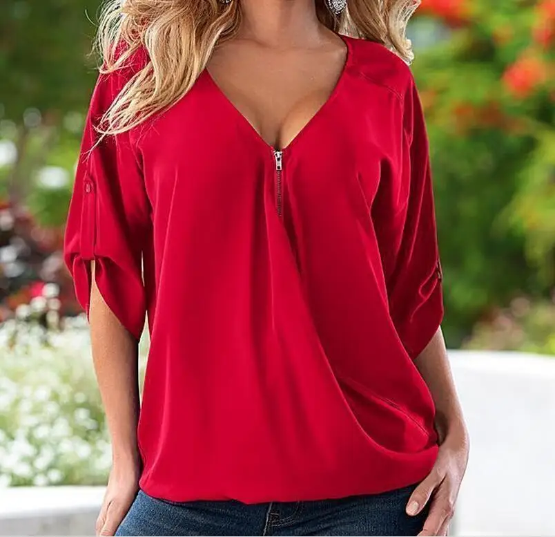 S-5xl Blouses Loose Shirt White,red,black,blue Sexy Women See Through  Chiffon Shirts V Neck Half Casual Blouse Tops Plus Size - Blouses u0026 Shirts  - AliExpress