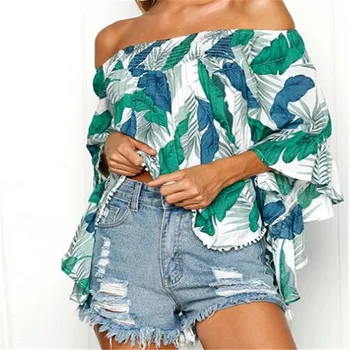

Spring Ruffles Off Shoulder Blouses for Women Blue Casual Summer Blouses Tops Ladies Leaf Print Boho Cotton Shirts Blusas