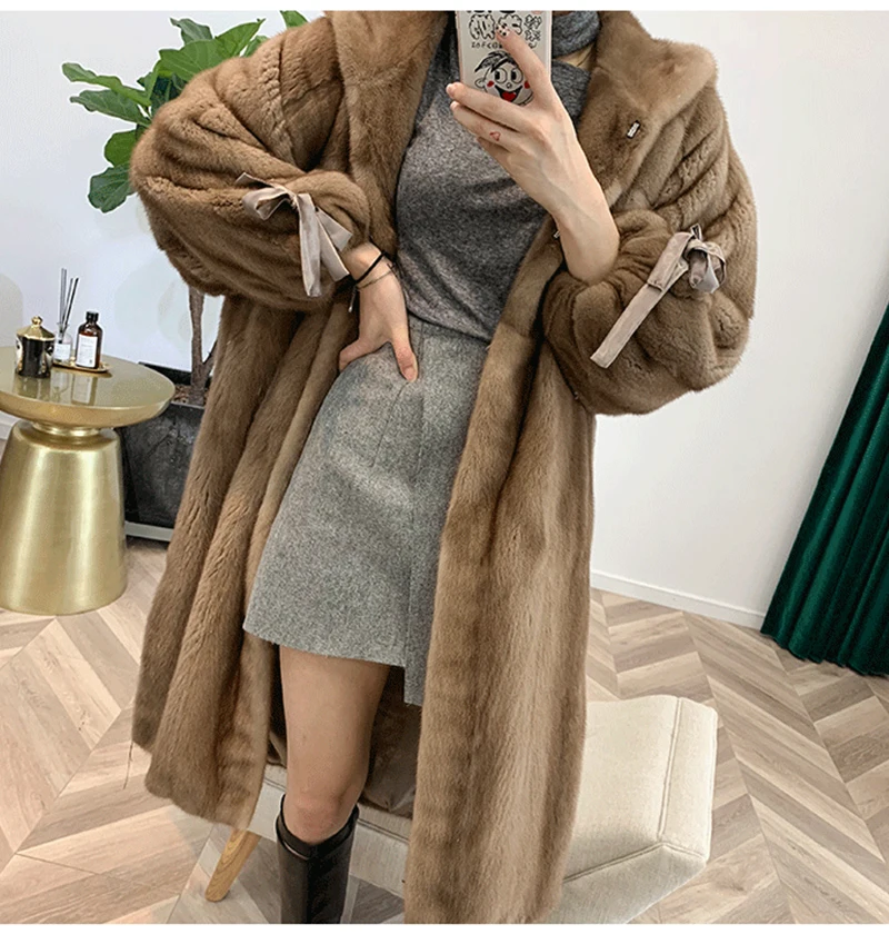 Fang Tai Fur 2019 Женская импортная бархатная норковая шуба с меховым капюшоном потертая норковая шуба женские банты сплошные X-Long настоящие