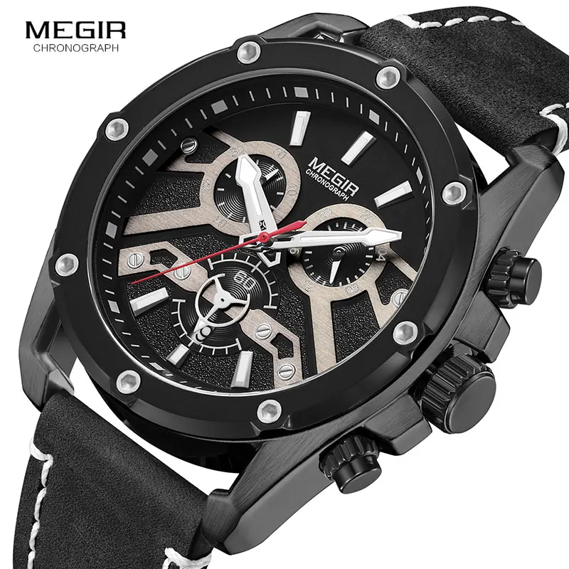 

MEGIR Sports Quartz Watches Men Leather Strap Military Chronograph Wristwatch Man Relogios Masculino Top Brand Clock 2120 Black
