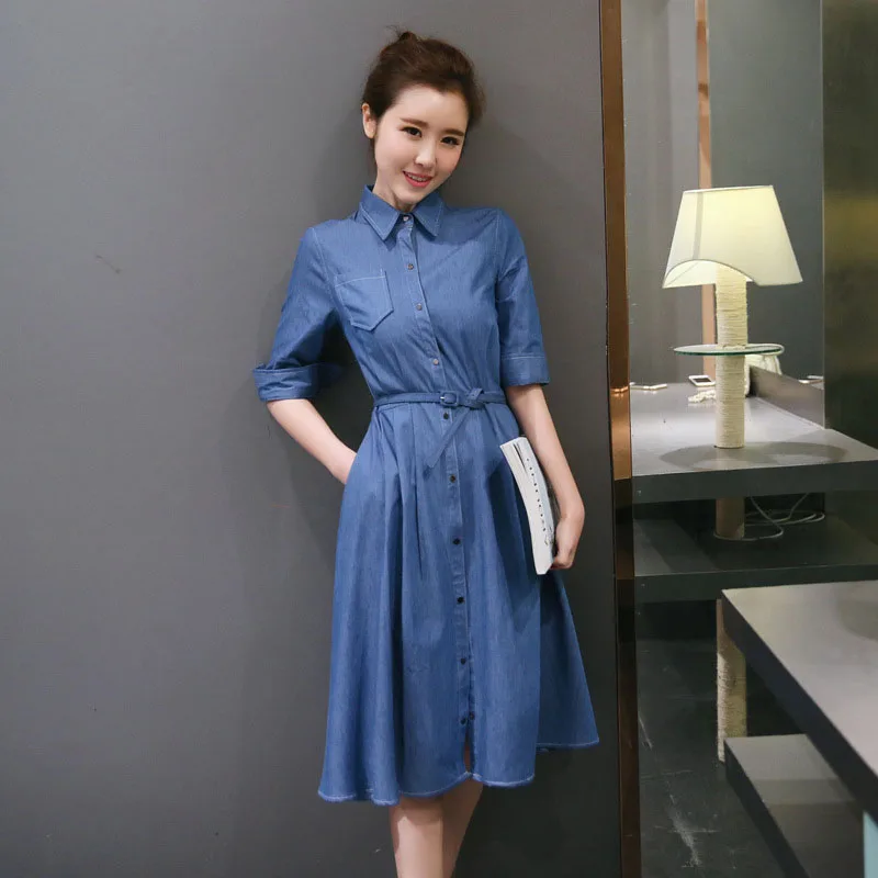 Women's clothing solid color half-sleeved belt slim denim shirt dress ladies fashion casual long section jeans dress (1)