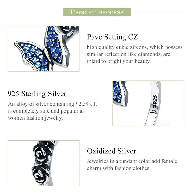 Spring Collection 925 Sterling Silver Butterfly& Flower Blue CZ Finger Rings for Women Sterling Silver Jewelry SCR285
