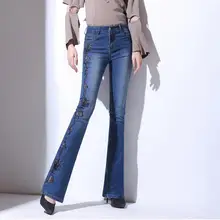 Весна осень высокая Талия Вышивка микро-динамик джинсы брюки тонкий среднего возраста прямые Клеш Женщин
